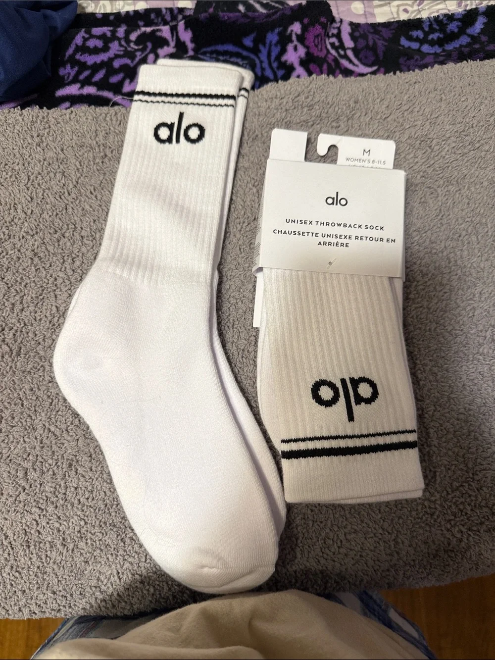 ALO Yoga White Athletic Unisex Throwback Socks with Black Logo